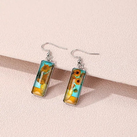 Sunflower Van Gogh Painting Drop Dangle Fish Hook Earrings  - Picture 1 of 6